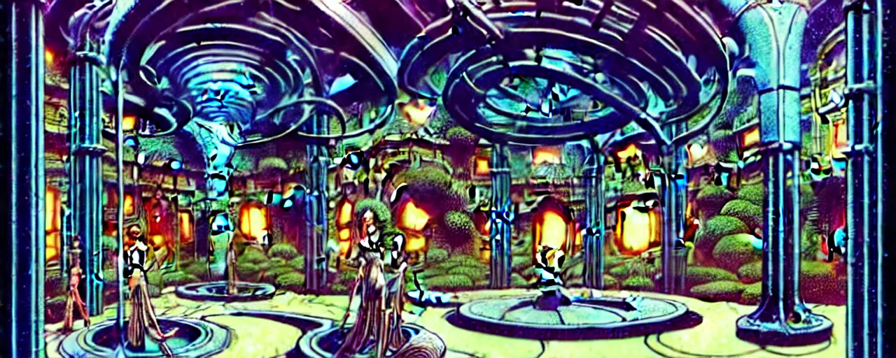 Image similar to a luxurious scifi futuristic victorian garden courtyard by killian eng, moebius, philippe druillet