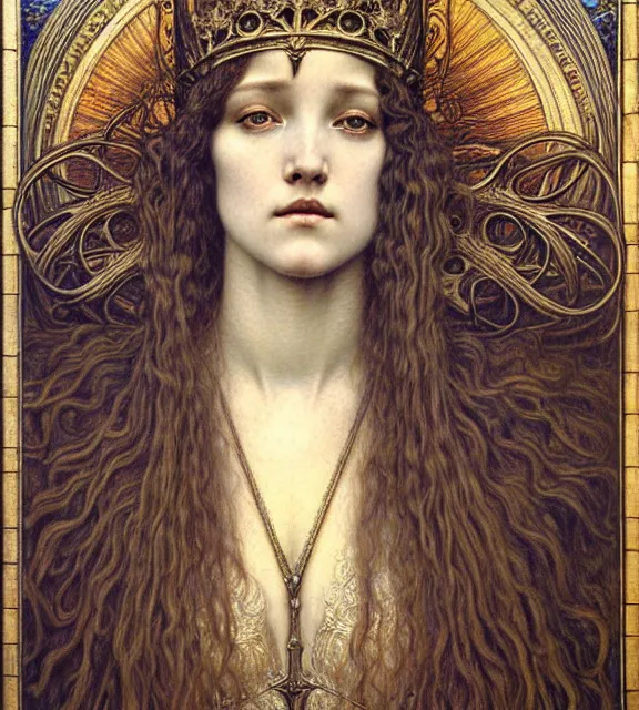 Image similar to detailed realistic beautiful young medieval queen face portrait by jean delville, gustave dore and marco mazzoni, art nouveau, symbolist, visionary, gothic, pre - raphaelite. horizontal symmetry