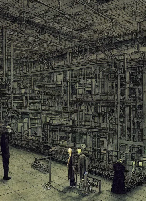 Prompt: illustration of a 2 0 8 0 desolate industrial factory nuclear scene by shaun tan, clean, emptyness, torn paper decollage, graphic novel, oil on canvas by edward hopper, ( by mattias adolfsson ), by moebius