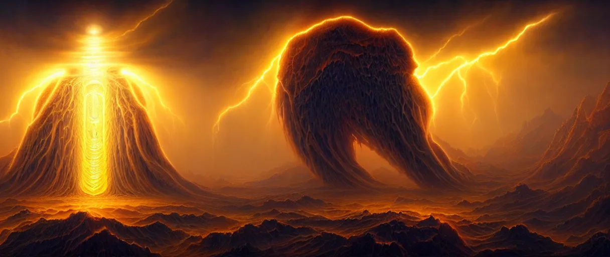 Image similar to A terrifying giant monster made of honey, beautiful atmosphere, god rays, masterpiece digital painting by Alex Grey, Greg Rutkowski, 4k wallpaper