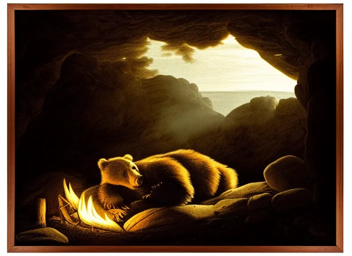 Image similar to Pieter Claesz's 'a bear and her cub sleeping in a dark cave, lit by campfire', night time, cross hatching, backlit, beautiful wooden frame, monochrome, colours of the sunset