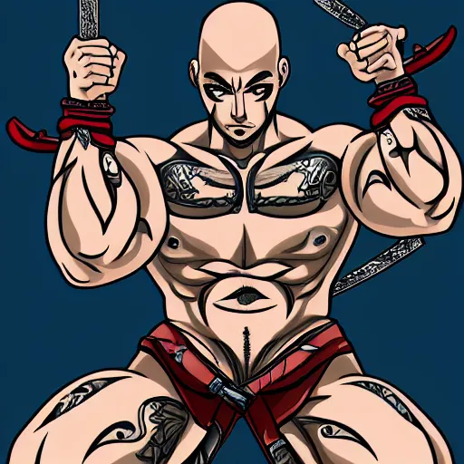 Image similar to muscular bald man, tattooed body, sword in hands, HD, anime style,