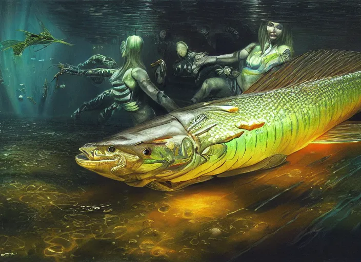 Image similar to electronic glowing pike fish, cybernetic, glowing veins subsurface scattering, underwater photography, by gerald brom, by mikhail vrubel, by peter elson, muted colors, extreme detail, trending on artstation, 8 k