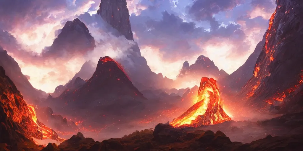 Image similar to a mountain range with a lava tiver flowing through it by akihito tsukushi, backlight, rim lighting, deep focus, d & d, fantasy, intricate, elegant, highly detailed, digital painting, artstation, concept art, matte, centered, sharp focus, illustration, hearthstone, art by artgerm, greg rutkowski and alphonse mucha