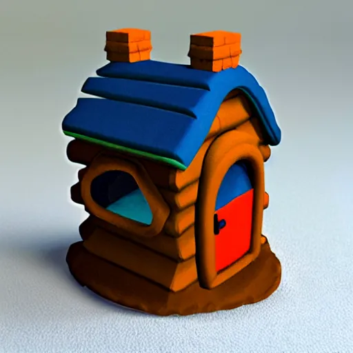 Prompt: cute clay model 3 d printed isometric cozy winter cabin at twilight, nintendo art