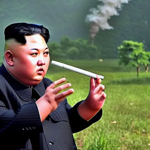 Image similar to kim jong un smoking weed in the middle of a war