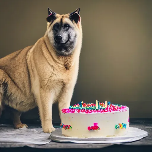 Image similar to a high - quality photo of a kangal with a birthday cake, 4 5 mm, f 3. 5, sharpened, iso 2 0 0, raw, food photography