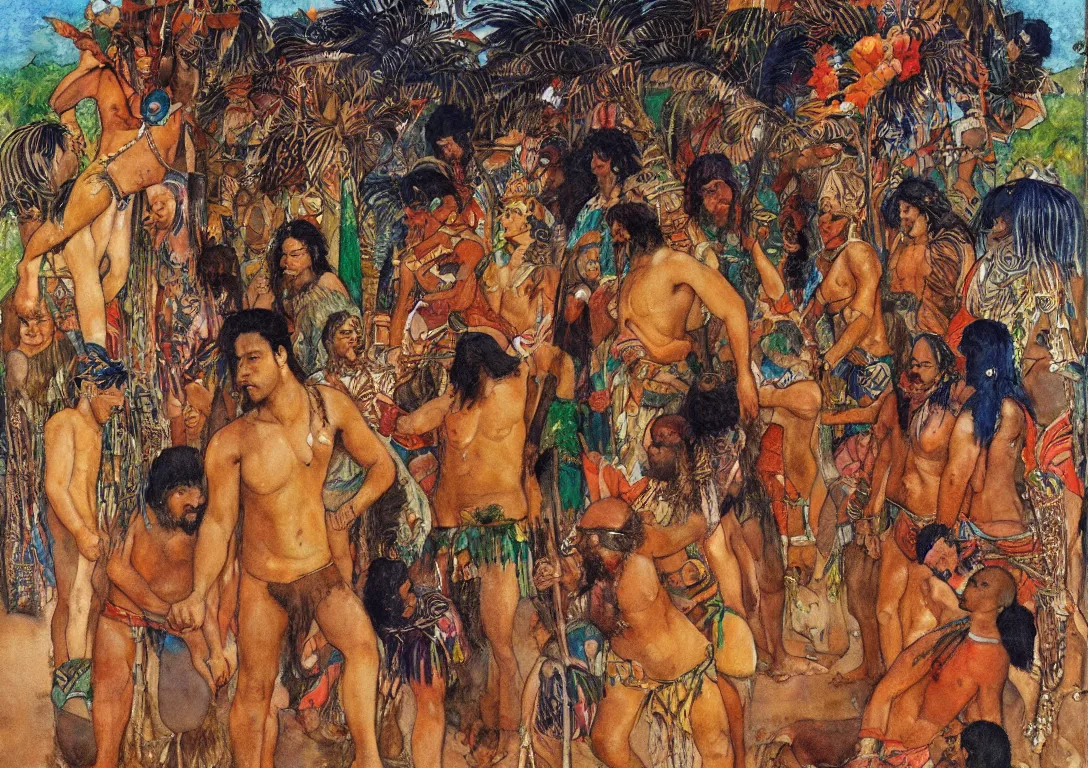 Image similar to watercolor of a polynesian greek god seeking their lover through the streets of a village, sparse detail, complementary color scheme, by george luks, mati klarwein and moebius