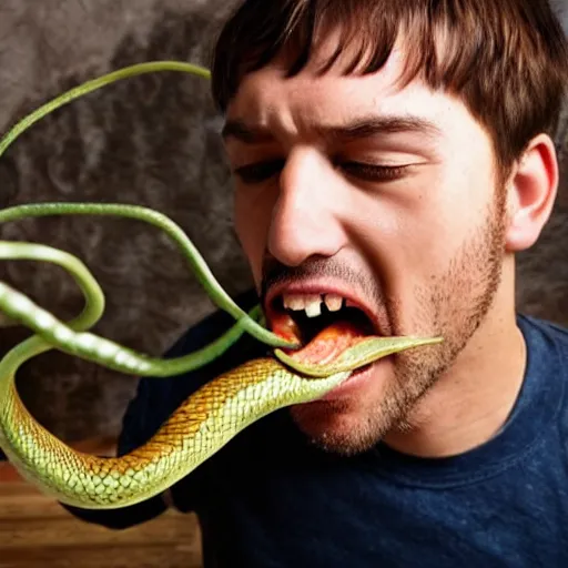 Image similar to a man eating snakes like noodles