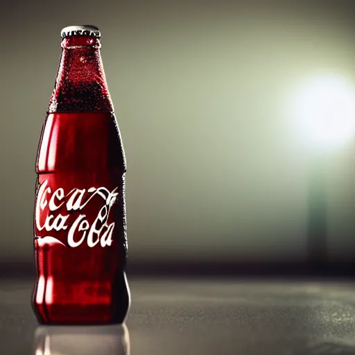 Image similar to bottle of coca - cola, droplets flow down the bottle, soft warm light, ultra quality, super detail, play of light, yellow light shining through, focus unreal engine 5,