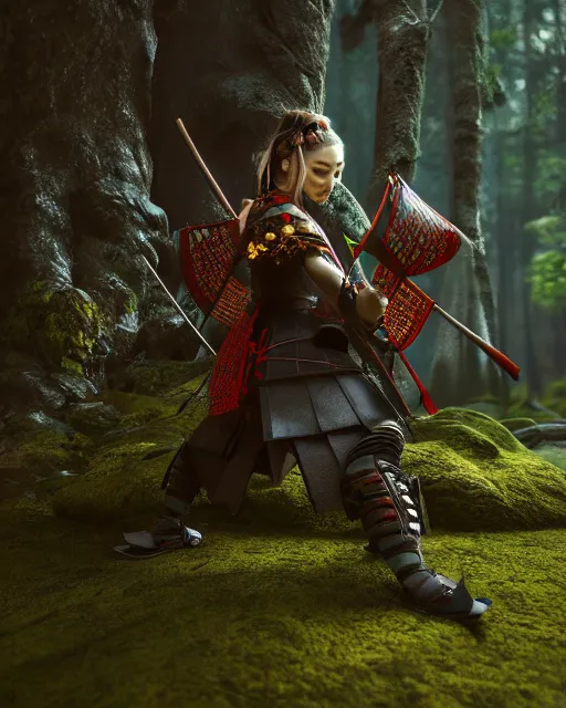 Prompt: samurai in enchanted forest, unreal engine 5, atmosphere, gorgeous, depth of field, cinematic, macro, concept art, 50mm, artstation, wlop, elegant, epic, weta digital, focus, octane render, v-ray, 8k, kodak portra, art by Asaf Hanuka