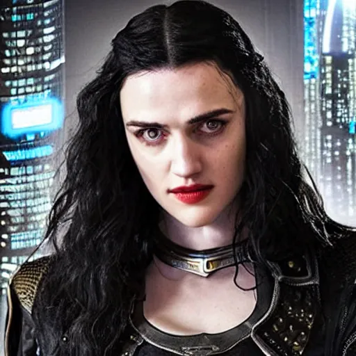 Image similar to Katie McGrath as Cyberpunk Morgana