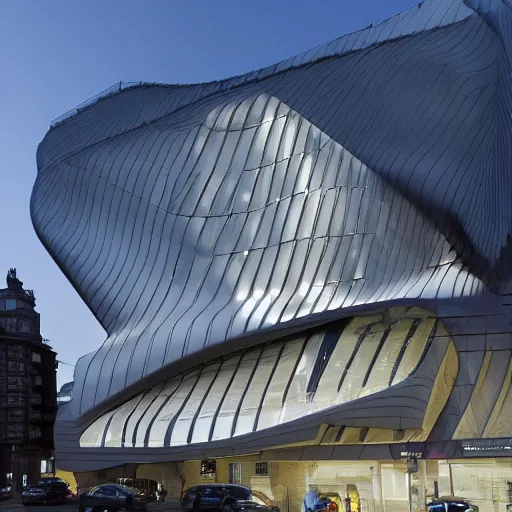 Prompt: building designed by zaha Hadid in London city street