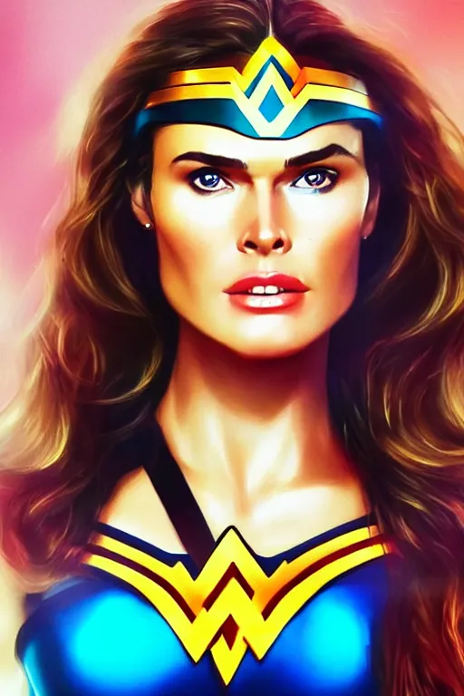 Image similar to portrait of a mix of beautiful young maria shriver, mariel hemmingway, brooke shields and elle macpherson as wonderwoman, thin lips, hair tied up in a pony tail, colorful artstation, cgsociety