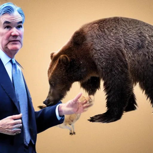 Prompt: jerome powell with a bear on his shoulder