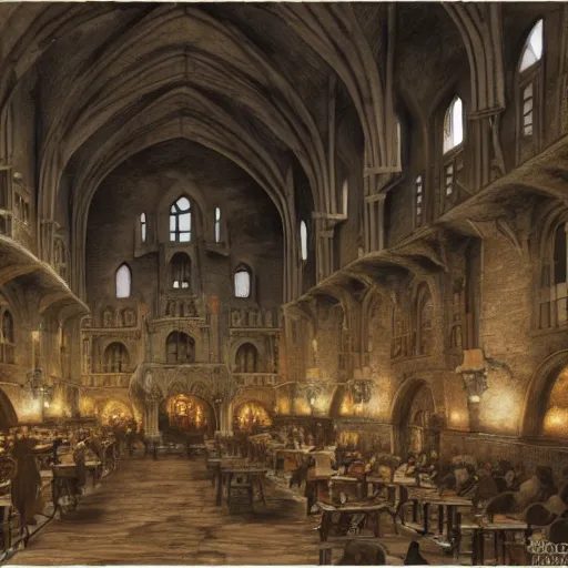 Prompt: howarts great hall, a detailed matte painting by anton pieck, deviantart contest winner, fantasy art, concept art, official art, matte drawing