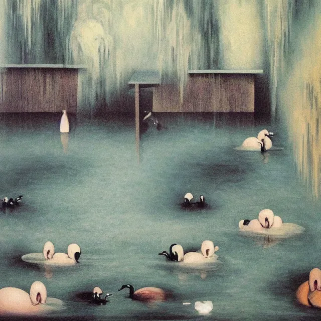 Image similar to painting of flood waters inside an apartment, tall female emo art student, a river flooding through a wall, tangelos, zen, pigs, ikebana, water, river, rapids, waterfall, black swans, canoe, pomegranate, berries dripping, acrylic on canvas, surrealist, by magritte and monet