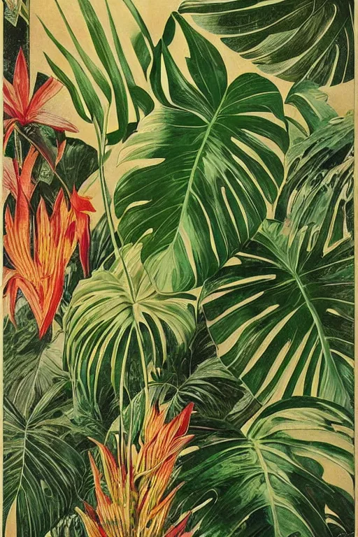Image similar to vintage magazine advertisement depicting all of the tropical plants in the world, monstera!!!, in focus, sharp, smooth, by marius lewandowski, by ernst haeckel