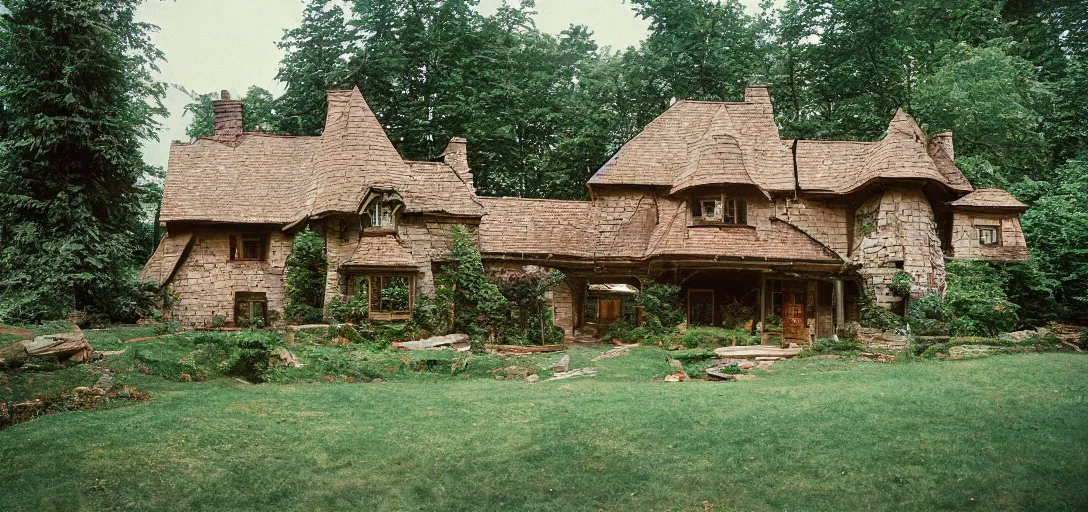 Image similar to house in carpathian vernacular style. outdoor landscaping designed by frederick law olmsted. fujinon premista 1 9 - 4 5 mm t 2. 9. portra 8 0 0.