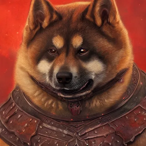 Image similar to anthropomorphic shiba inu, wearing berserk armor, dark glowing red aura, fantasy, dark graveyard scene, portrait art by donato giancola and greg rutkowski, realistic face, digital art, trending on artstation, symmetry