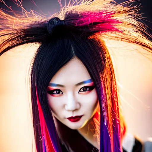 Prompt: a beautiful portrait photo of a very beautiful young Chinese female model wearing cybergothic clothing, bright coloured streaks of hair, messy hair tied in a cute way, cute smile, beautiful detailed eyes, golden hour in Beijing, outdoors, professional award winning portrait photography, Zeiss 150mm f/2.8 Hasselblad