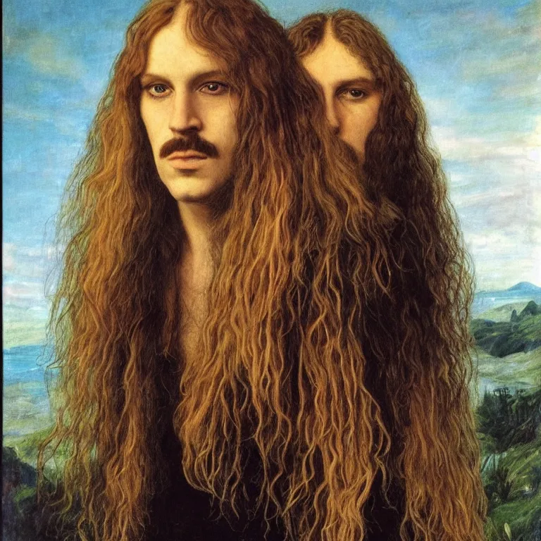 Prompt: Pre-Raphaelite portrait of 1980s thrash metal band leader singer, with very long blond hair and grey eyes