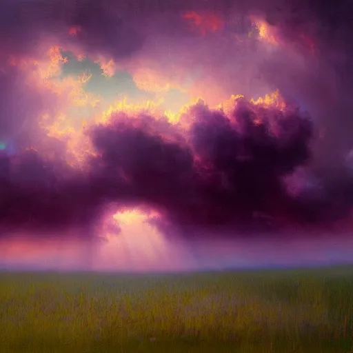 Image similar to scary purple clouds, illuminated by the sun, over a field, beautiful, eerie, craig mullins