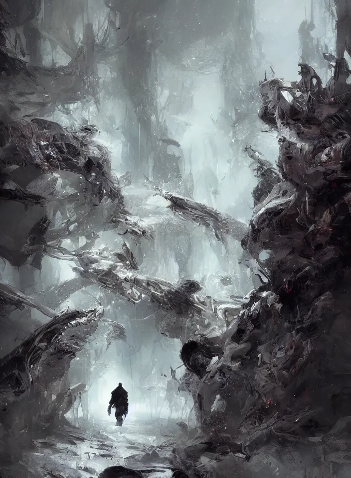 Image similar to a lone wolf in a nightmare landscape, autumn, white fur, sad, emotive, high detail, cinematic, beautiful painting by wadim kashin, ruan jia, android jones, jakub rebelka