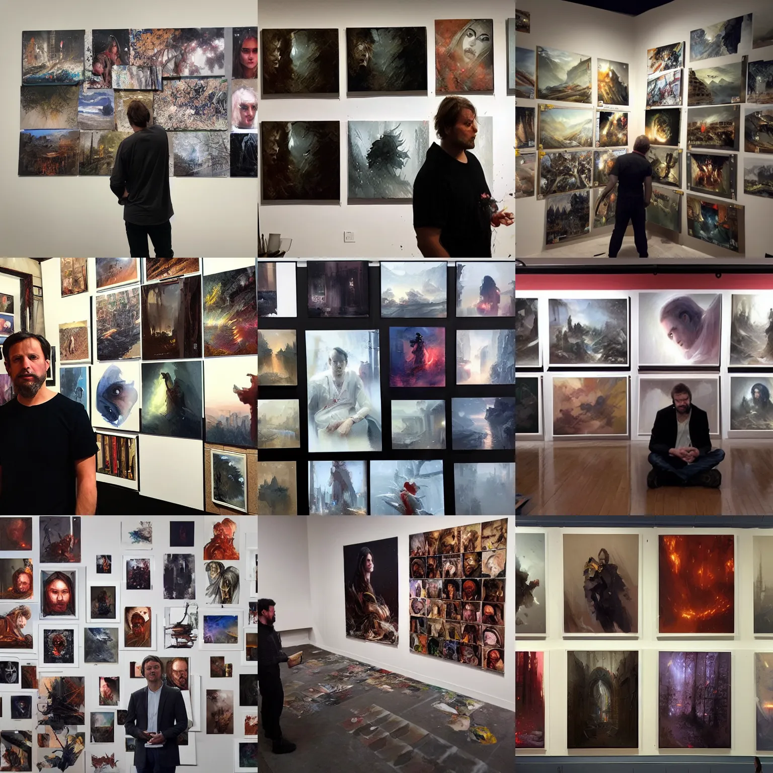 Prompt: painter Greg Rutkowski surrounded by images which generated by AI, crying