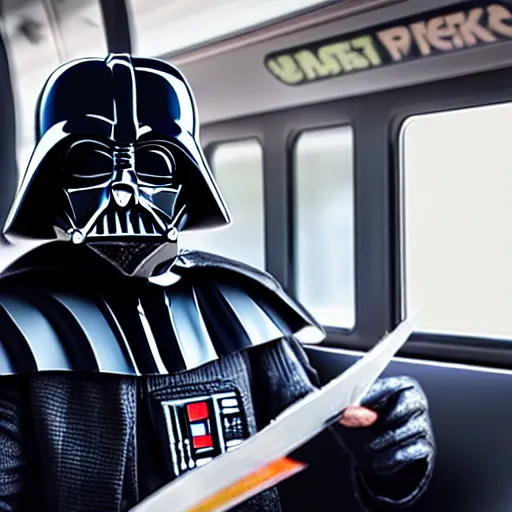 Image similar to 8 k photo darth vader using ticket on a bus