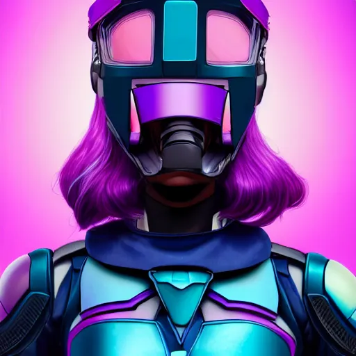 Image similar to a stunning upper body portrait of a beautiful young woman wearing futuristic navy blue and teal battle bodyarmor and pauldrons and ombre purple and pink hairstyle with hair blowing in the wind, by marvel comics, outrun, vaporware, highly detailed, fine detail, intricate, digital art, trending on artstation