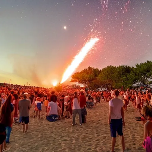 Prompt: a fiery meteor hitting a crowded beach concert