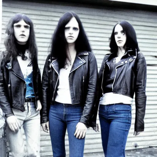 Image similar to group of 1 9 - year - old girls wearing black leather jackets and denim jeans, long wavy hair, proto - metal band promo, band promo, hard rock band, 1 9 7 0 photograph