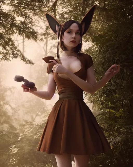 Image similar to photo of eevee pokemon humanisation, in lace brown dress, film still, dslr, by greg rutkowski, gil elvgren, ross tran, artgerm, wlop, glossy skin, pearlescent, very coherent