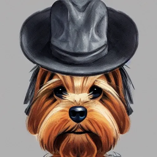 Image similar to detective yorkshire terrier wearing a fedora, disney eyes, in a dark alley, by D&D Concept Artists