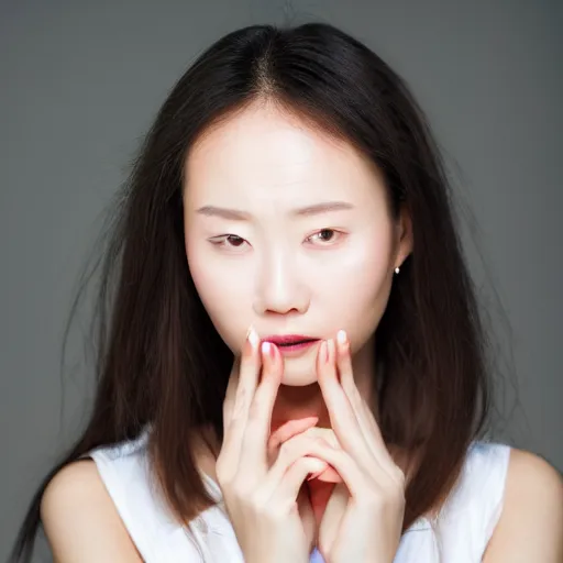 Image similar to a close up shot of a young woman holding her face which is illuminated by red light by kang, hyung koo, callas sigma 8 5 mm f / 1. 4.