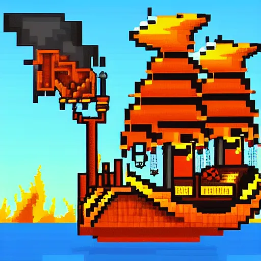 Prompt: burning pirate ship pixel art