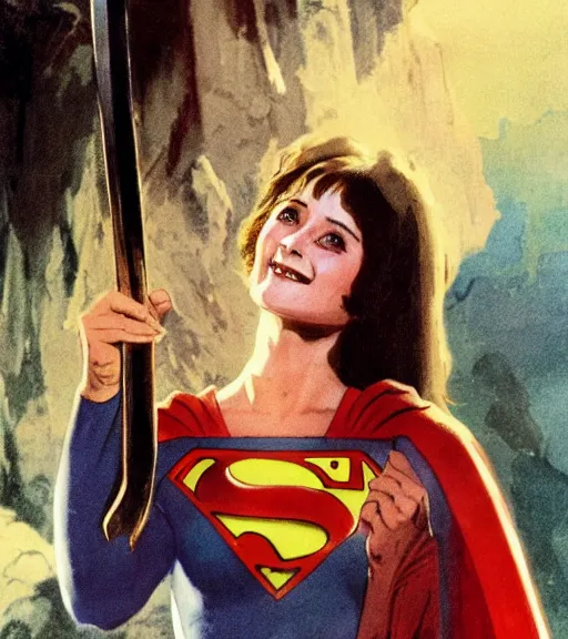 Prompt: a portrait of smiling young margot kidder from 1 9 7 7 superman movie in a scenic japanese city environment by marco bucci and greg rutkowski and frank frazetta, sharp focus, detailed, cinematic, hanbok, sheathed golden ornate korean sword