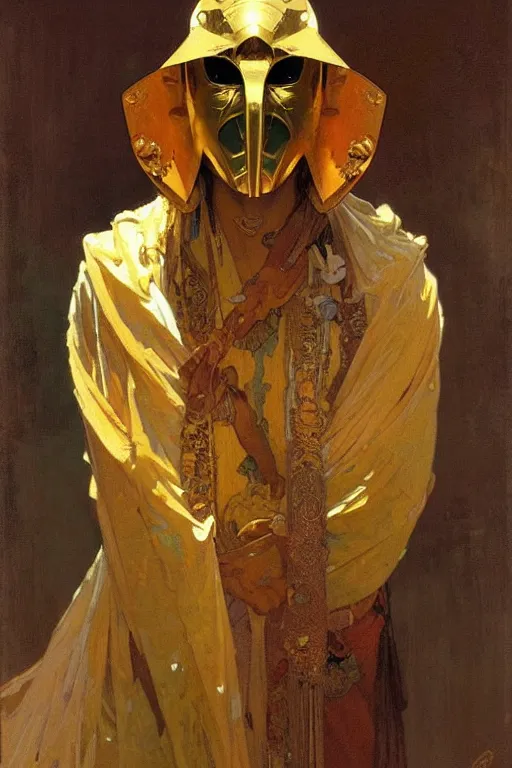 Image similar to A man wearing golden mask,painting by greg rutkowski and alphonse mucha