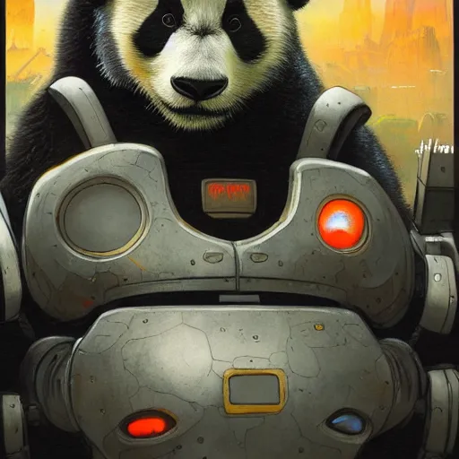 Prompt: a panda mecha, close - up portrait, reflective detailed textures, glowing colorful fog, dark background. highly detailed fantasy science fiction painting by moebius, norman rockwell, frank frazetta, and syd mead. rich colors, high contrast. trending on artstation