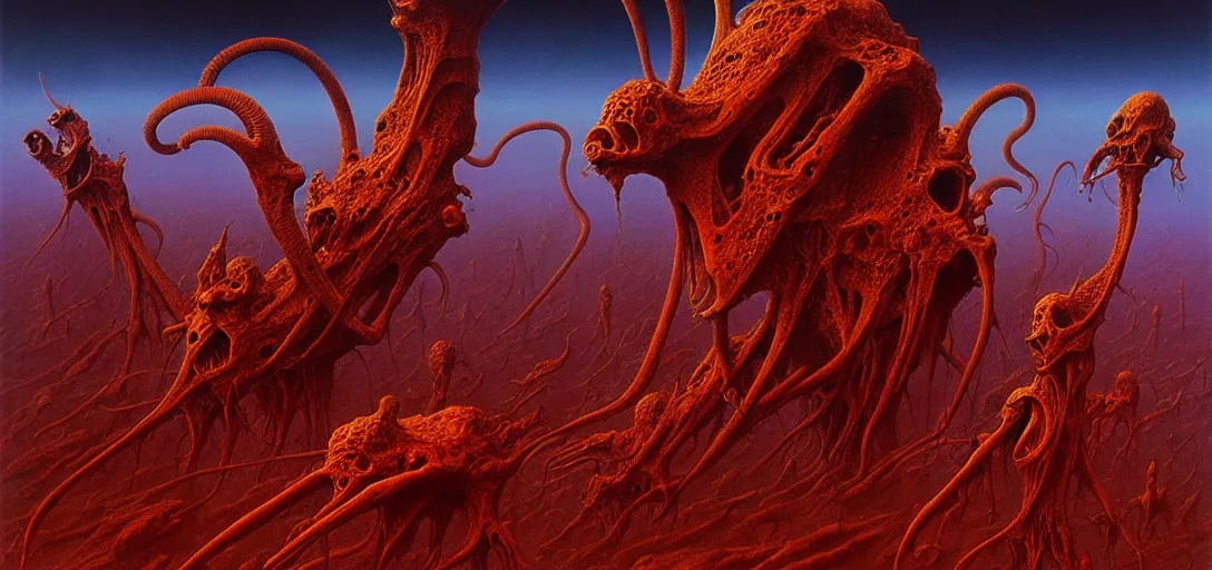 Image similar to hellish alien creatures on an alien world, artstyle Zdzisław Beksiński, very intricate details, high resolution, 4k
