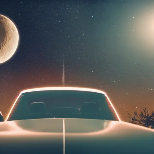 Prompt: couple on a car riding towards the moon, space, cinematic lighting, smooth, vintage, 8 0 s style