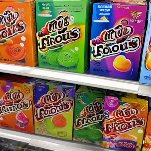 Prompt: a box of froot loops cereal on a grocery store shelf