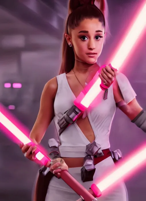 Prompt: Still action photo of Ariana Grande in the Star Wars universe holding two pink lightsabers in each hand. Maximum detail on artstation, photo realism, vivd details, vivd colour, volumetric lighting