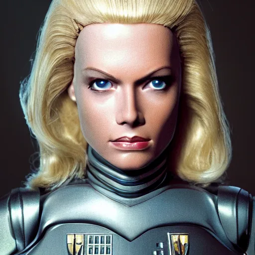 Image similar to very pretty blond borg queen, moody lighting, shallow depth of field, in the style of star trek,