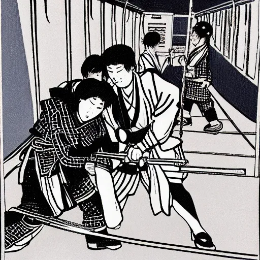 Prompt: Japanese schoolgirl runs away from Samurai with a katana on the subway by Toshio Saeki