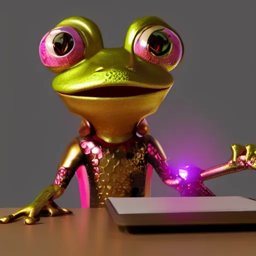 Image similar to octane render of a pink anthropomorphic frog wearing a golden set of armor sitting in a desk at an office,