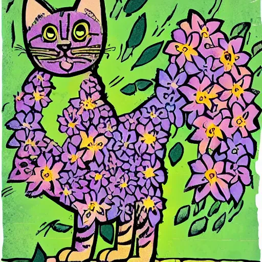 Image similar to a cat made with flowers, comic