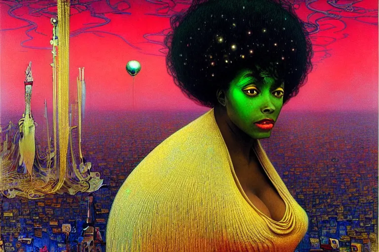 Image similar to realistic extremely detailed portrait painting of a beautiful black woman with an alien, city street on background by Jean Delville, Amano, Yves Tanguy, Ilya Repin, Alphonse Mucha, Ernst Haeckel, Edward Robert Hughes, Roger Dean, rich moody colours