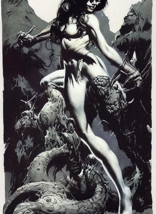 Image similar to female vetala, strong line, deep color, beautiful! coherent! by frank frazetta, high contrast